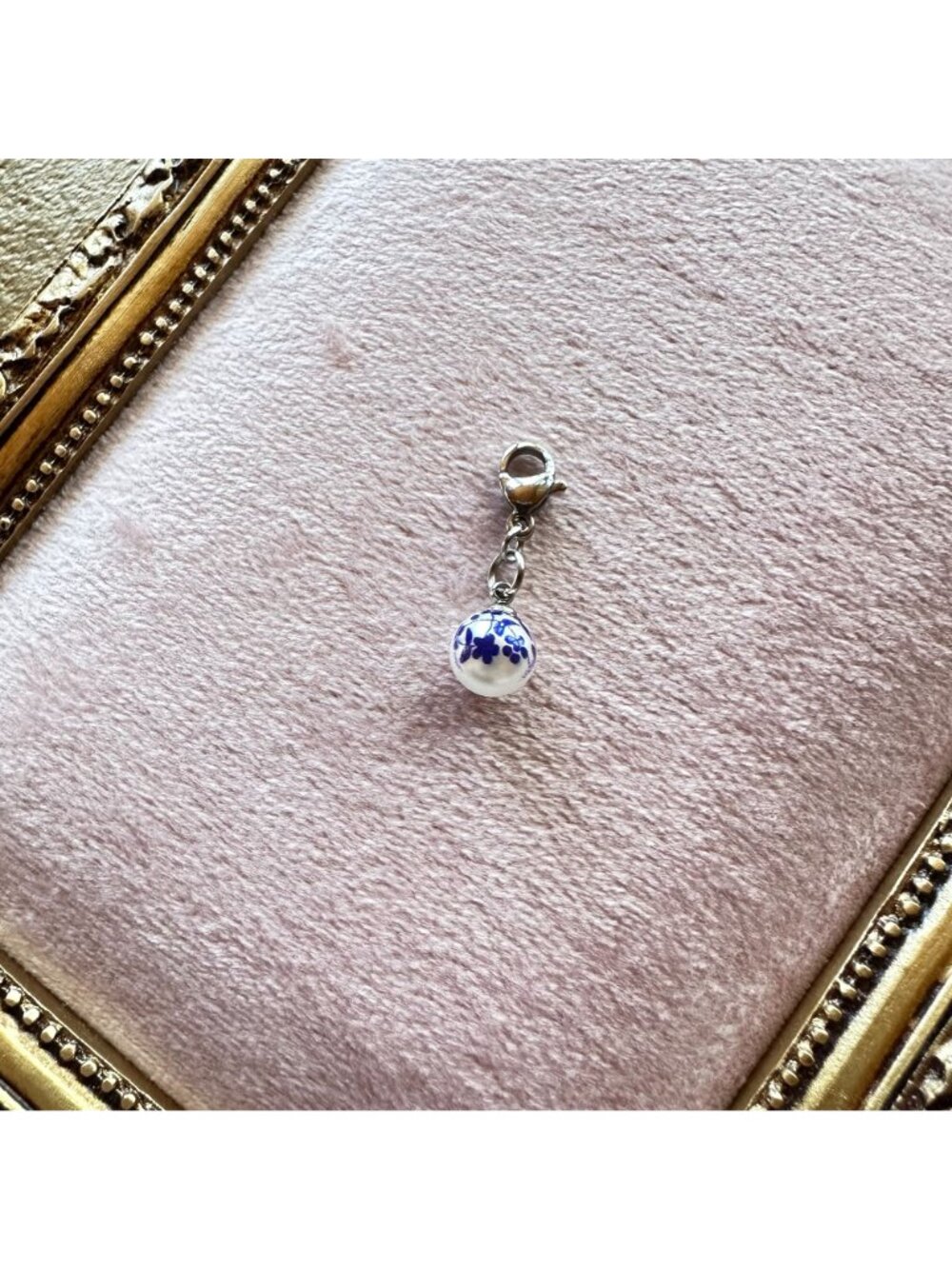 White Glass Pearl Charm With Blue Floral Print & Stainless Steel Lobster Clasp - Picture 10 of 10